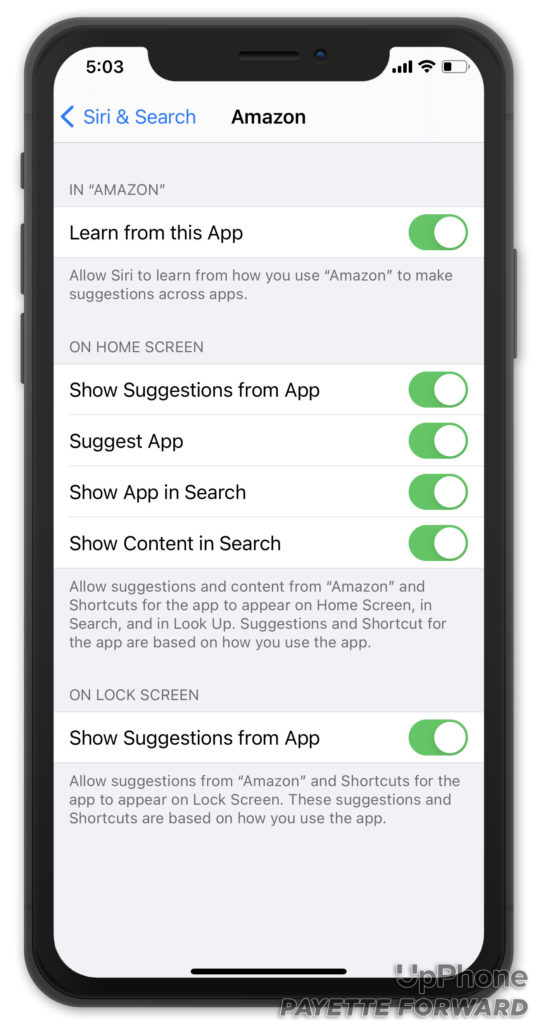 siri suggestions settings for specific app