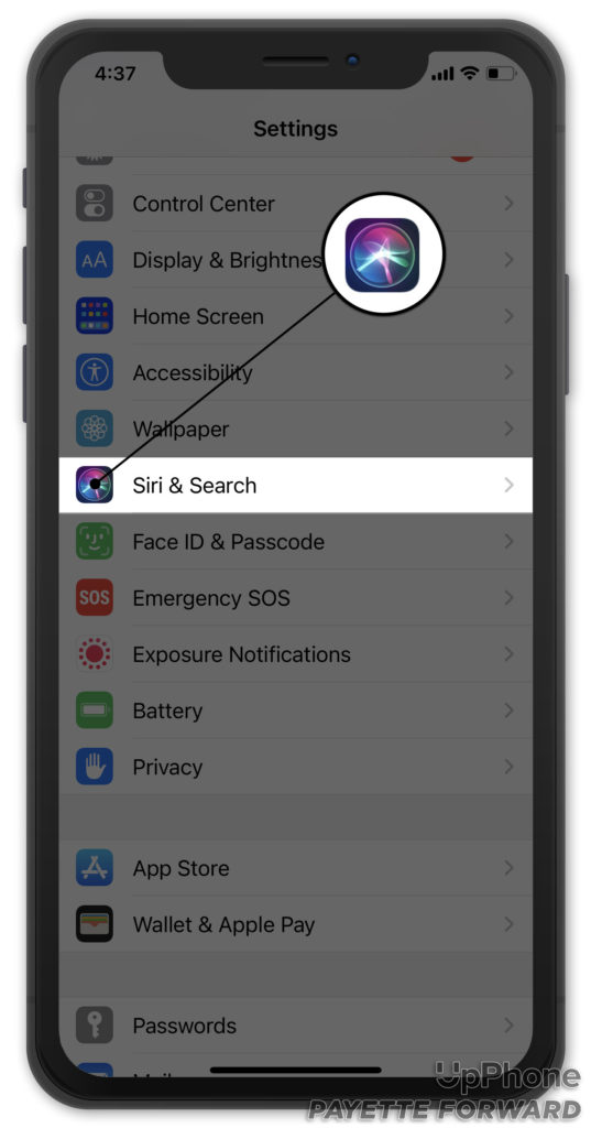 tap siri and search settings