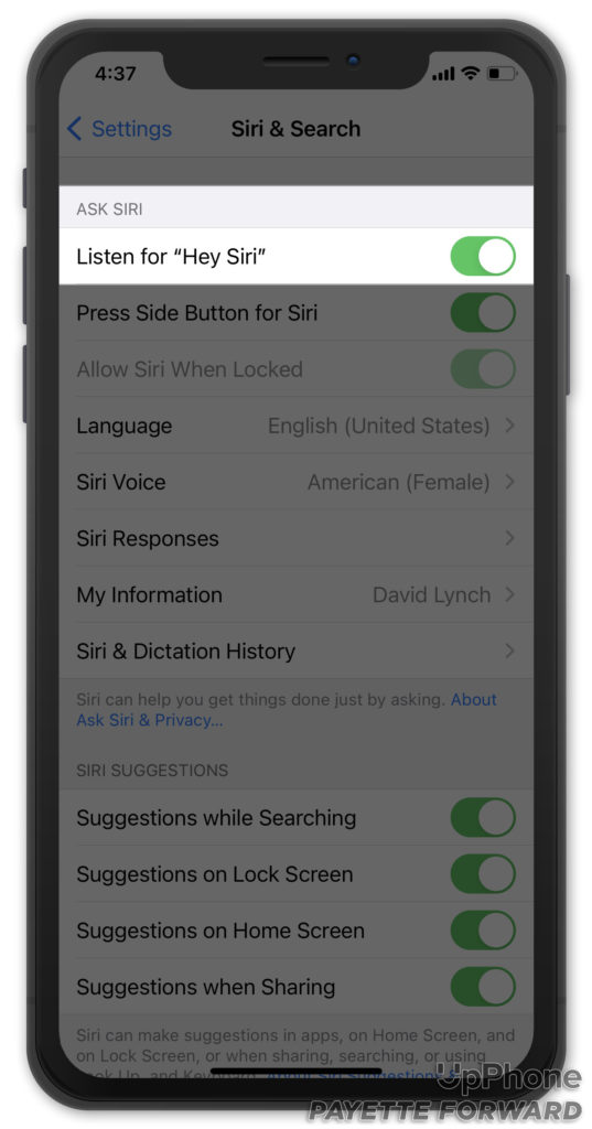 turn on switch next to listen for hey siri